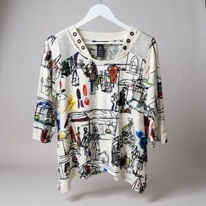Ali Miles Womens Petite Large Art to Wear Abstract Top Short Sleeve Multicolor